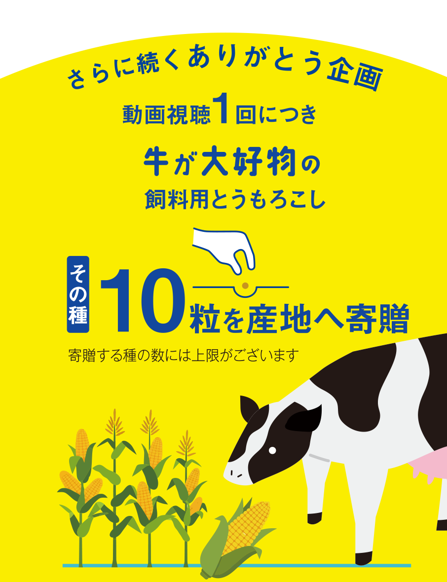 動画を見るだけで産地へ贈りもの。さらに続くありがとう企画。動画視聴1回につき、牛が大好物の飼料用とうもろこし、その種10粒を産地へ寄贈。寄贈する種の数には上限がございます。