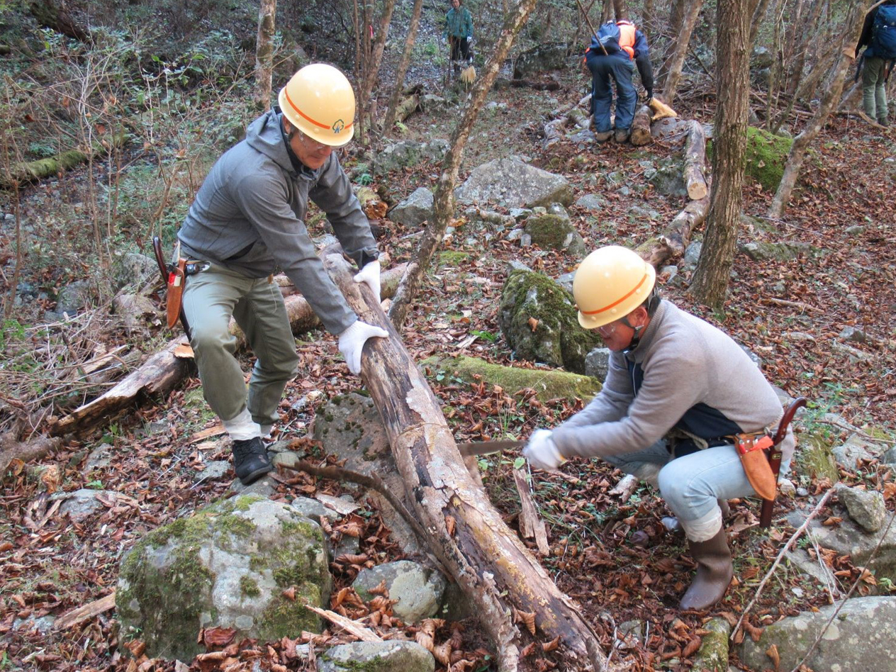 遊歩道の釘打ちの様子